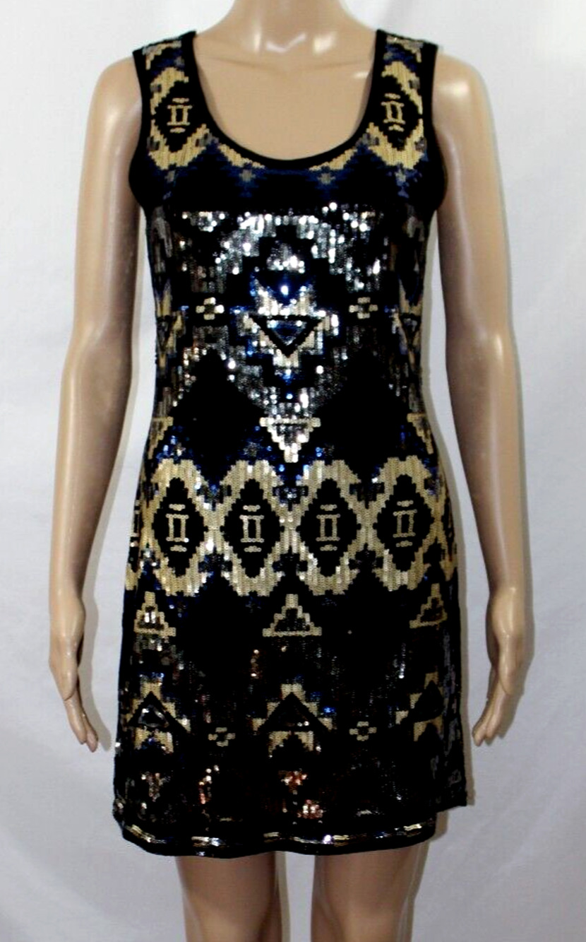 Cache Black Gold Blue Sequin Dress S Sleeveless Evening Sheath Pencil Stretch